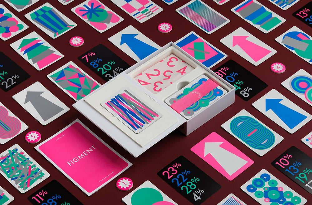 CMYK Figment Magenta Edition on a tabletop illustrates cooperative play during a game night.