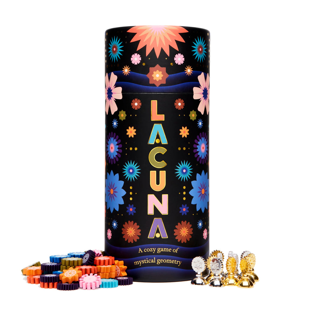 CMYK Lacuna board game box cover featuring mystical geometry and soft colors.