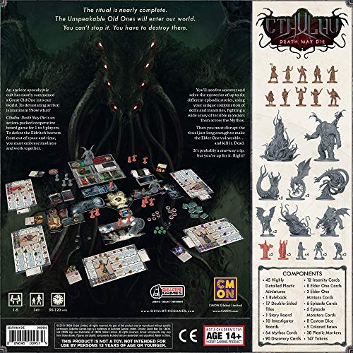 CMON Cthulu: Death May Die board components arranged for dramatic setup.