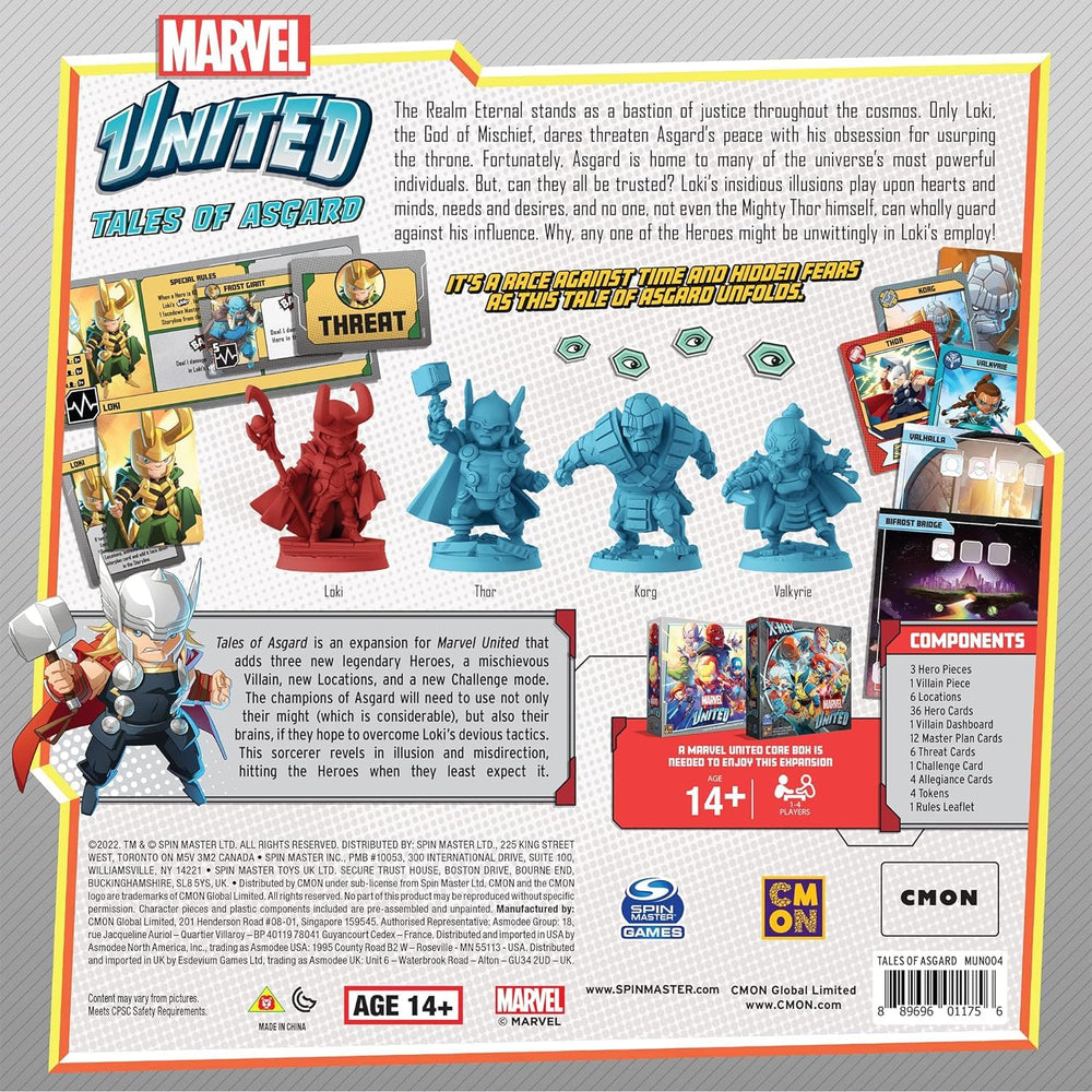 CMON Marvel United Tales of Asgard expansion Thor Valkyrie Korg figures posing for dramatic heroics.