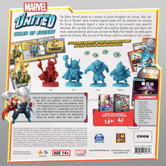 CMON Marvel United Tales of Asgard expansion Thor Valkyrie Korg figures posing for dramatic heroics.