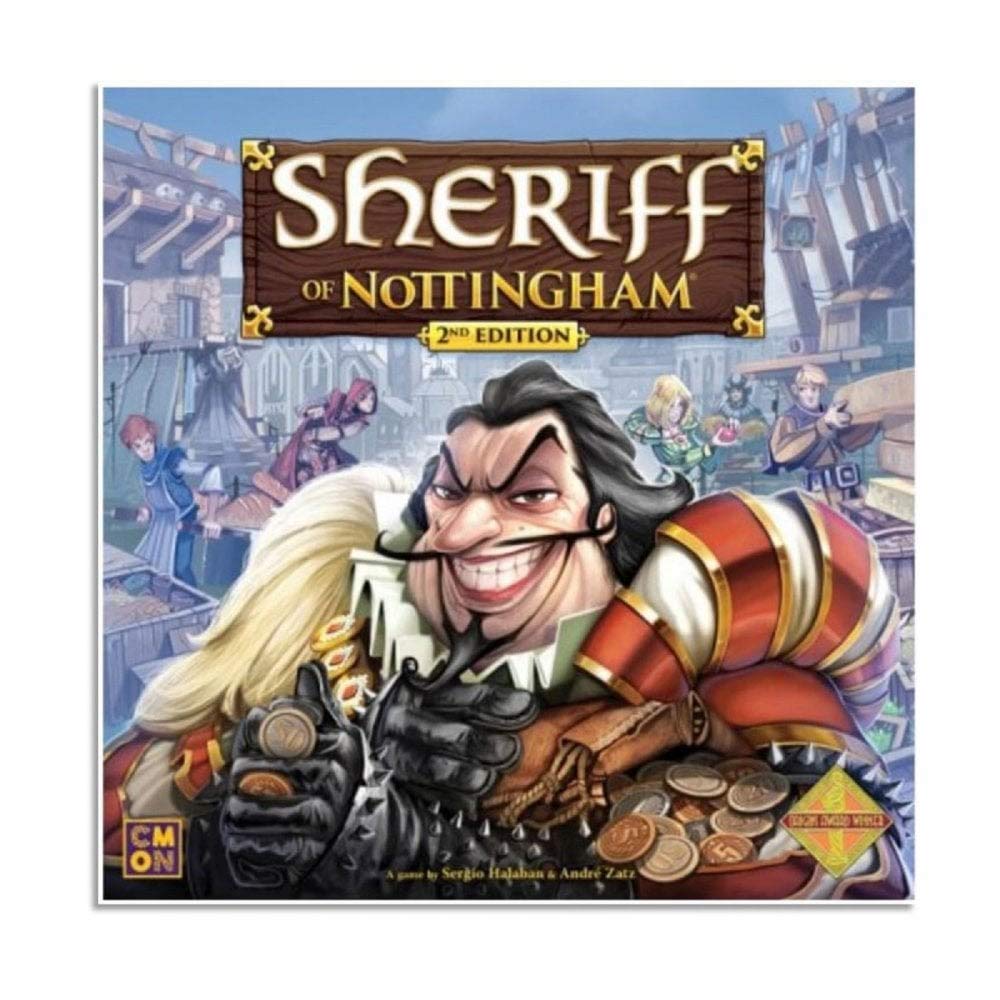 CMON Sheriff of Nottingham 2nd Edition gameplay scene shows tense bluffing and negotiation