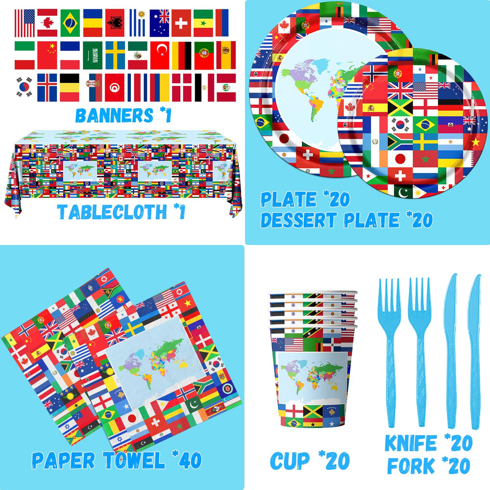 CMUSKO flag banner highlights global decor and guides guests to the party area.