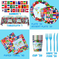 CMUSKO flag banner highlights global decor and guides guests to the party area.