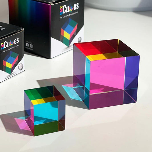 CMY Cubes Mini 30mm cyan-magenta-yellow sides illustrate subtractive color mixing