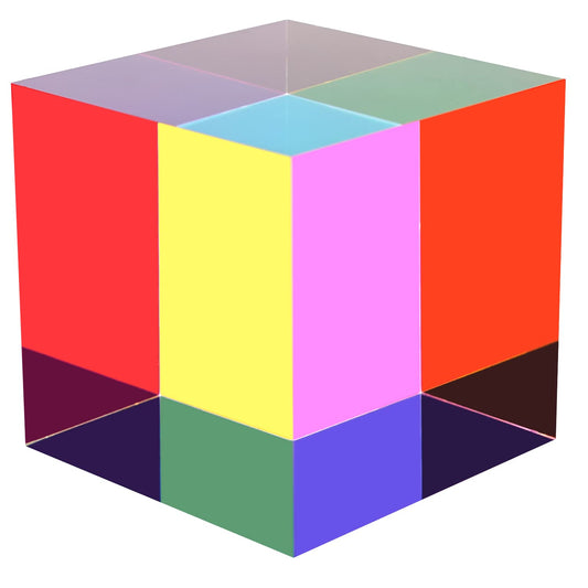 CMYCUBE CMY color cube front view reveals shifting hues for color exploration.