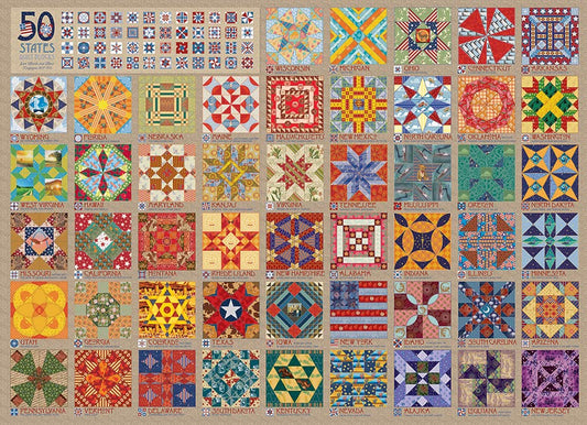 Cobble Hill 1000-piece puzzle box front showing 50 states quilt blocks