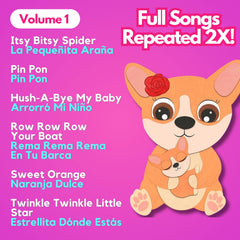 Coco Learns Spanish musical book close-up of volume control and play button