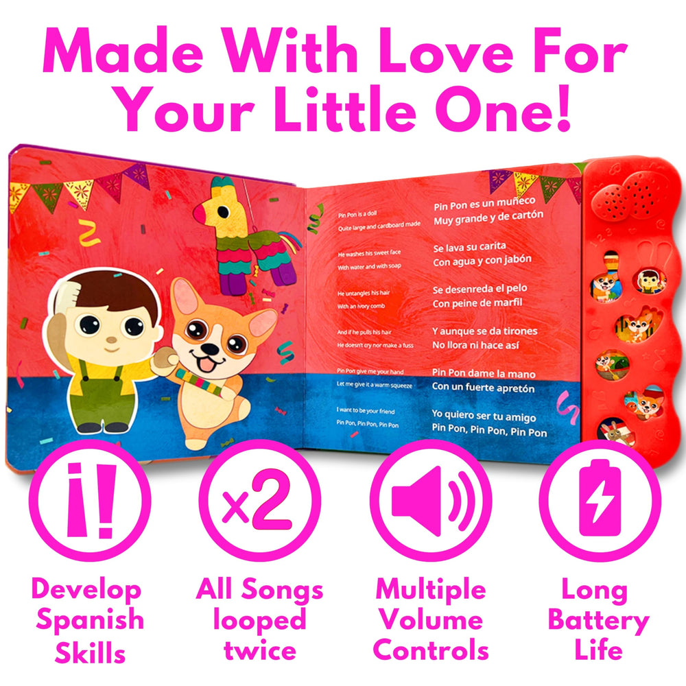 Coco Learns Spanish musical book in use by child for interactive song learning