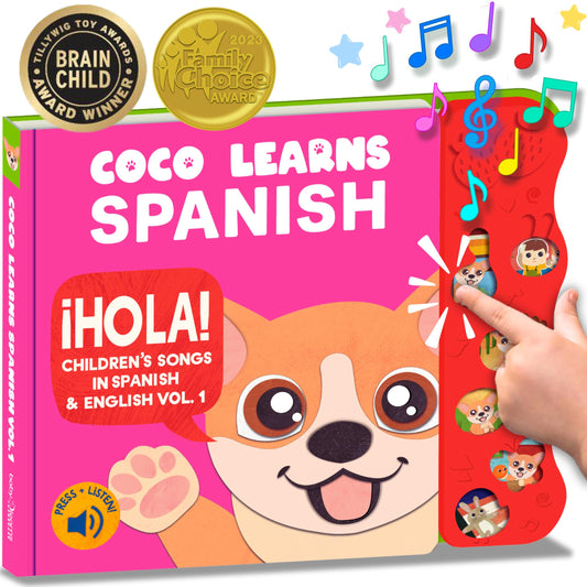 Coco Learns Spanish musical book front view with vibrant illustrations for bilingual learning