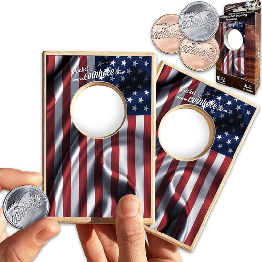 Coinhole desktop coin-bouncing set on a table for fast, engaging family play.