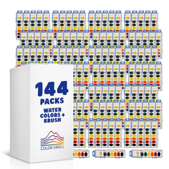 Color Swell 144-set bulk watercolor paints with cases and wood brushes for classroom use.