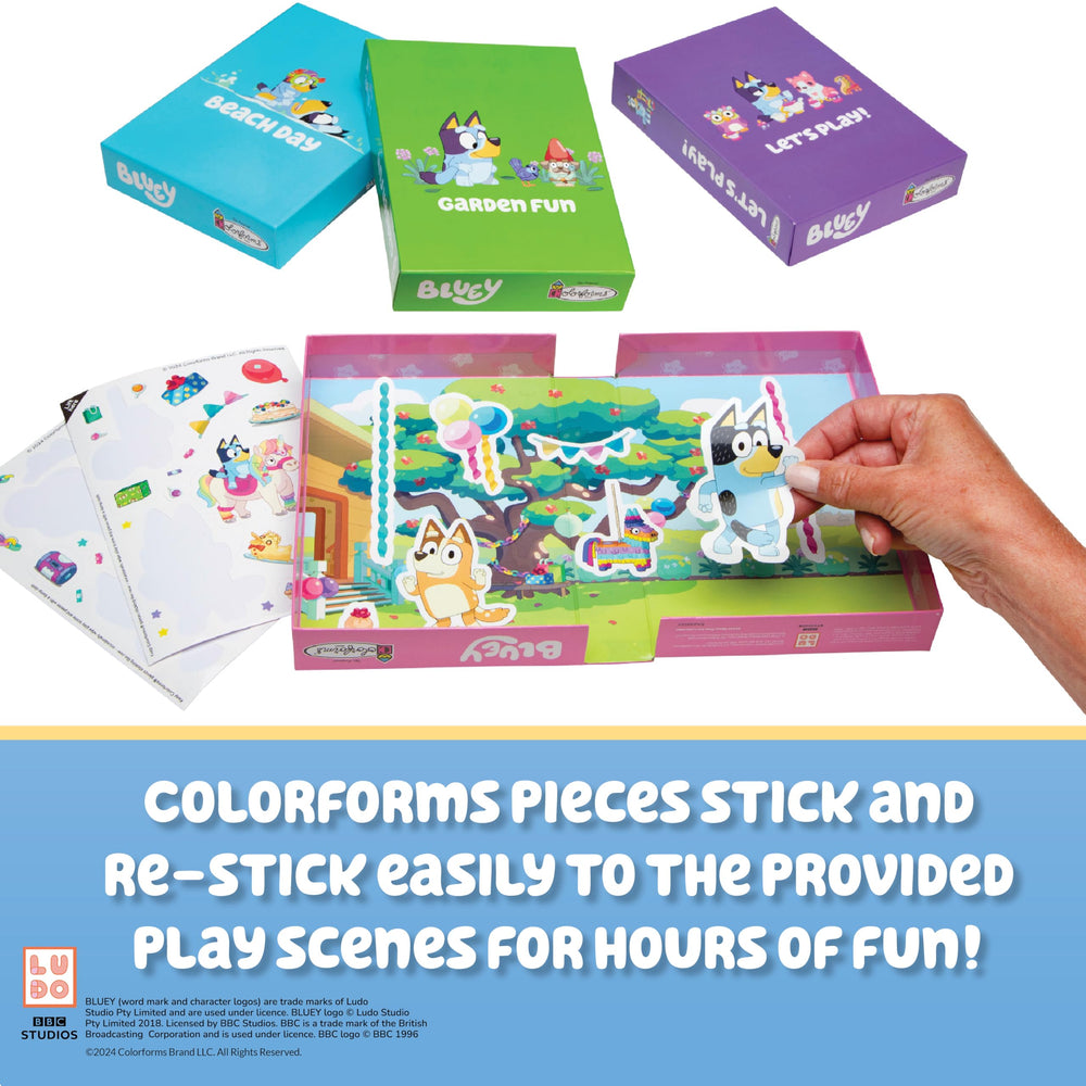 Colorforms Bluey sticker box packaging—compact, portable set for travel-friendly fun.