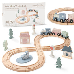 Comfy Cubs 30-piece wooden train set with tracks sparks imaginative play and motor skills development.