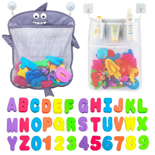 Comfylife shark bath toy organizer keeps tub toys organized and within reach.