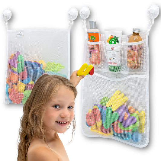 Comfylife mesh bath toy organizer mounted on the wall for easy access