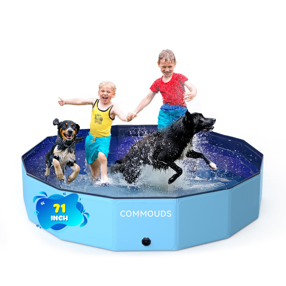COMMOUDS foldable dog pool front view, durable PVC and safety features