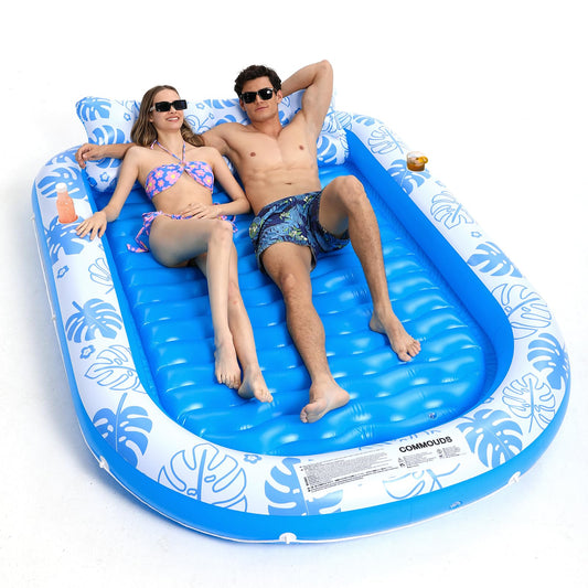 COMMOUDS inflatable tanning pool lounger with cervical pillow for neck support.