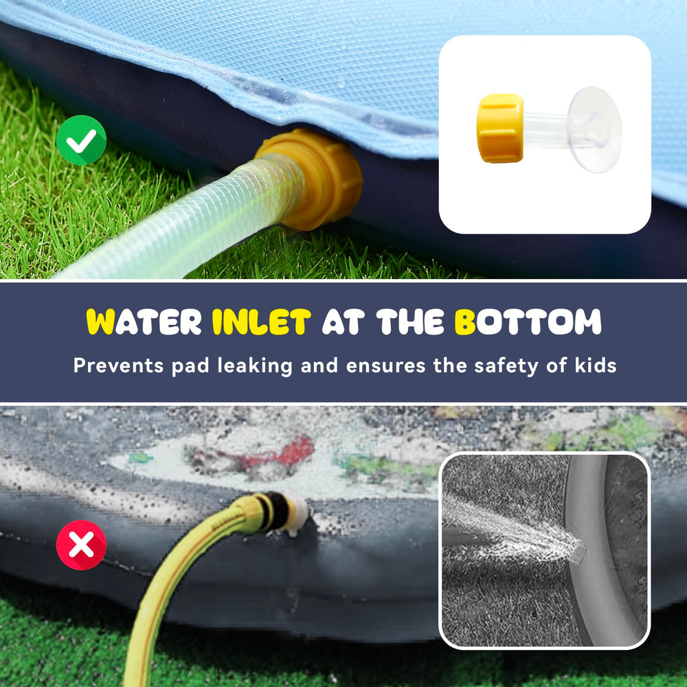 COMMOUDS Splash Pad bottom inlet prevents leaks for carefree backyard play.