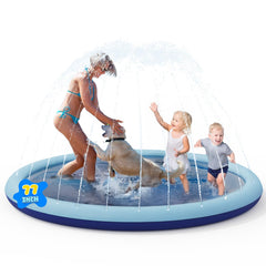 COMMOUDS splash pad shows kids and dogs enjoying backyard water play.