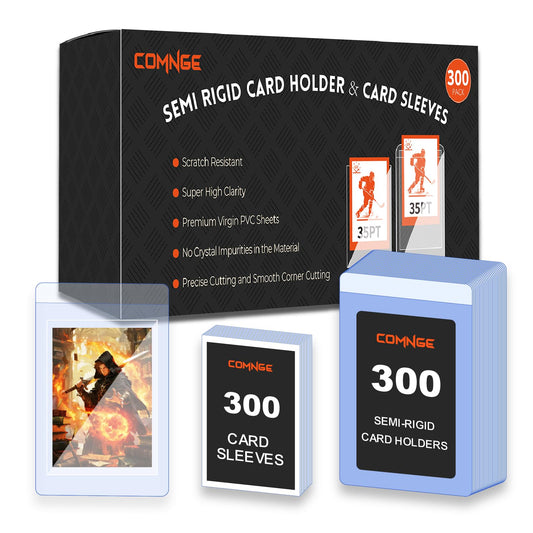 Comnge 600ct semi-rigid card holder offers ultra-clear visibility for showcased trading cards.