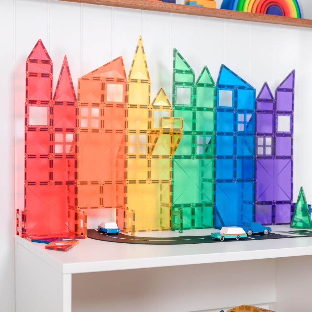 Connetix Rainbow Creative Pack bevelled tiles enhance light refractions in displays.