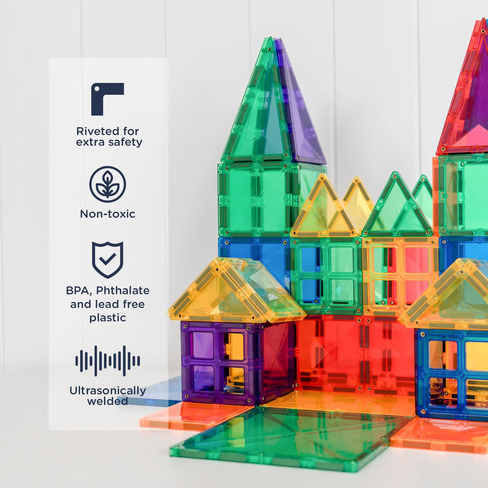 Connetix Rainbow Creative Pack equilateral triangles enable bold geometric designs.