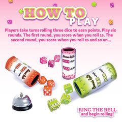 Continuum Games Bunco dice in pink, orange, and green for bright play.