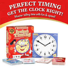 Continuum Games Perfect Timing Game clock cards spread, illustrating time-telling challenges for kids.