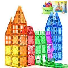 Coodoo magnetic tiles with 60 rainbow bricks boost STEM play and fine motor skills.