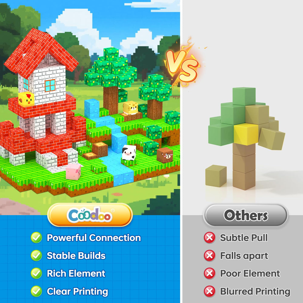 Coodoo tree-house bricks build tall, cozy structures for adventures.