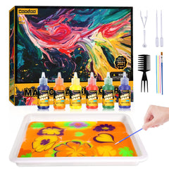 Coodoo water marbling paint bottles in six colors for kids' creativity.