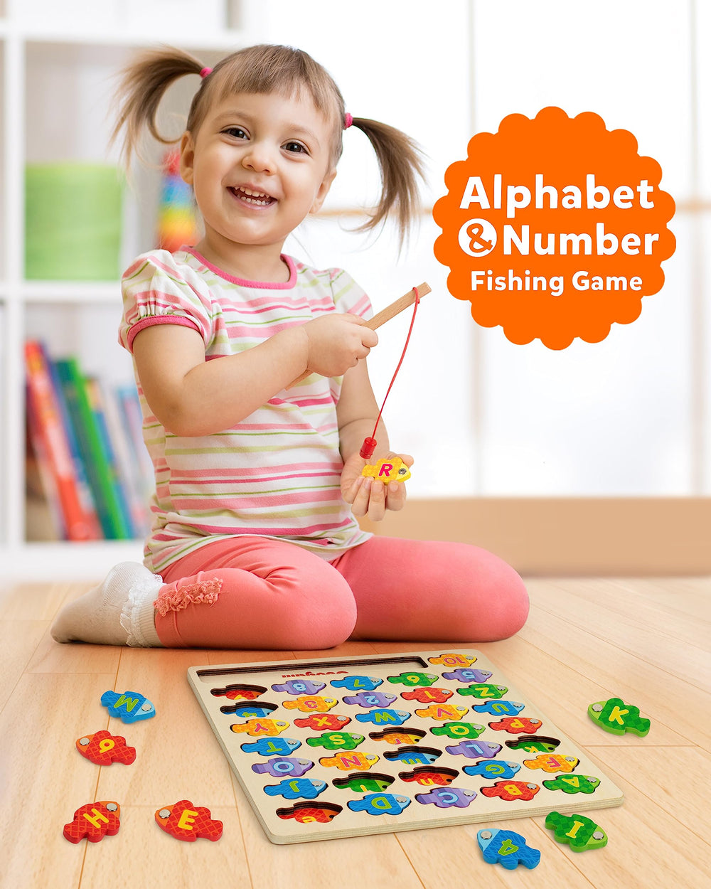 Coogam alphabet fishes close-up showing colorful letters for tactile learning