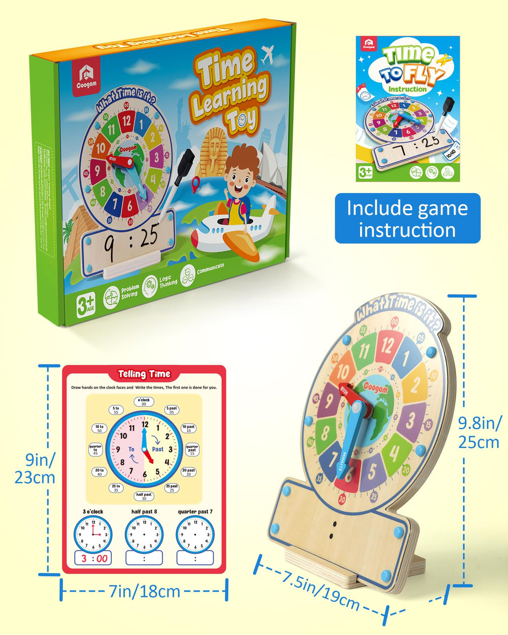 Coogam wooden clock setup ideal for home, school, and travel learning environments.
