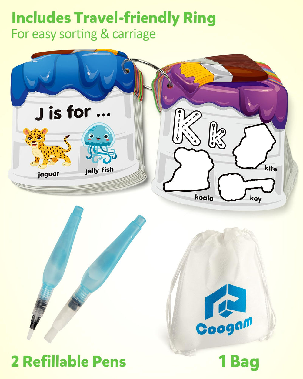 Coogam educational flashcards help build vocabulary with letters and images.