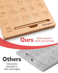 Coogam engraved grooves guide hand movement during letter tracing.
