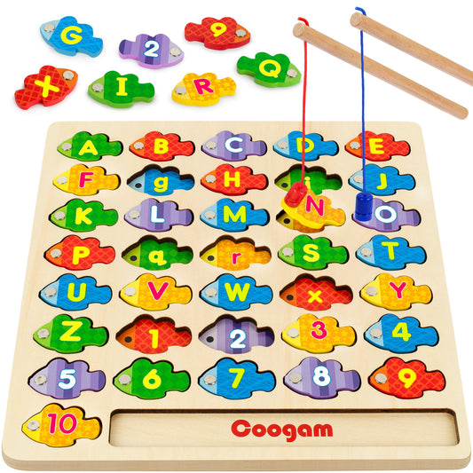Coogam magnetic alphabet fishing game with wooden setup aids early letter recognition