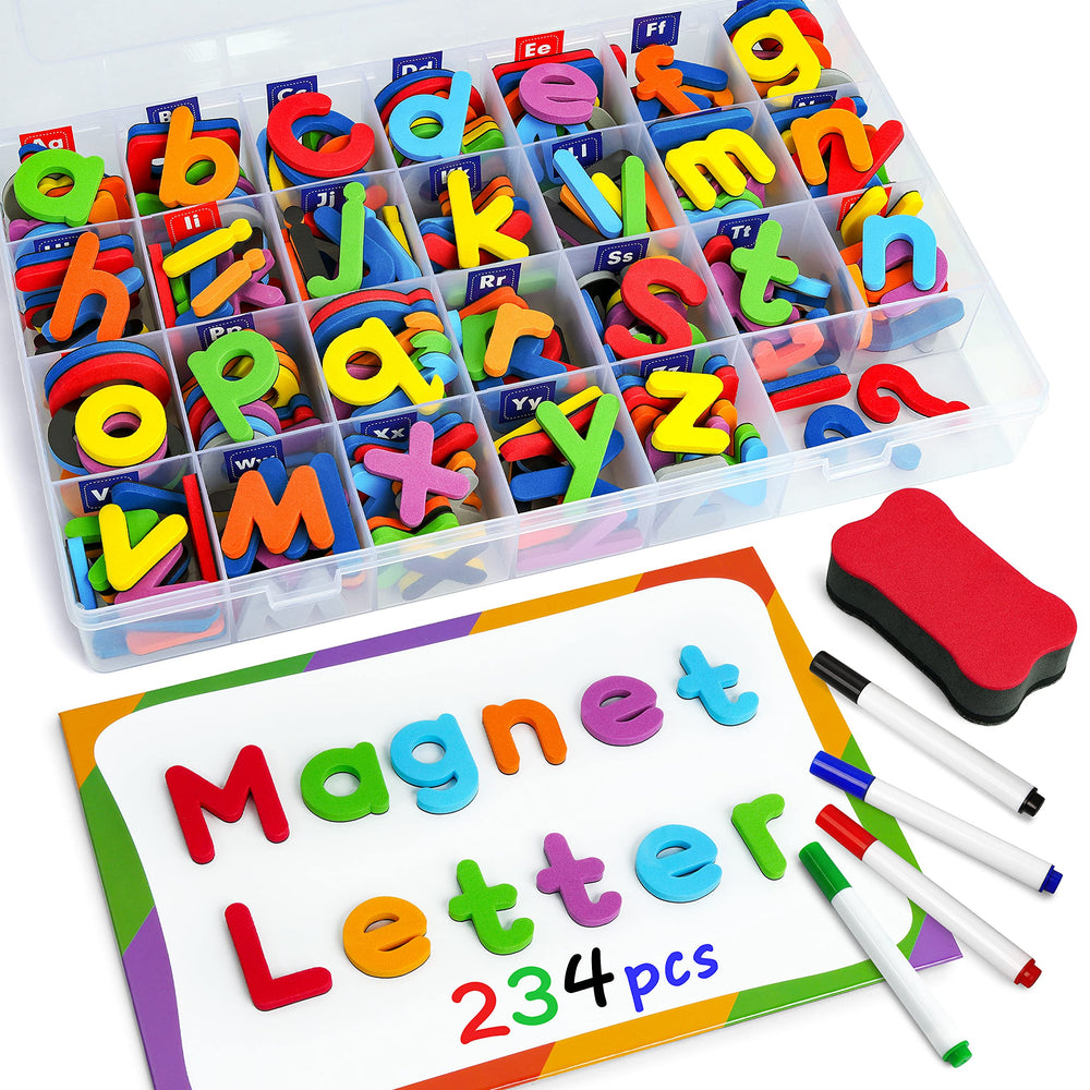 Coogam magnetic letters set in bright colors supports early spelling practice.