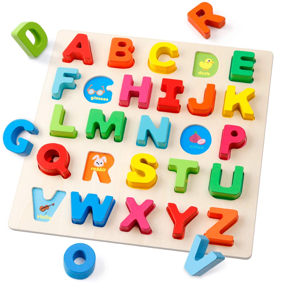 Coogam wooden alphabet puzzle with bright letters for early learning and letter recognition