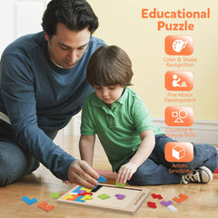 Coogam Wooden Blocks Puzzle assembly ideas show varied shapes for imaginative play.