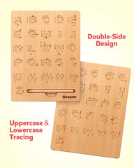 Coogam wooden letters board back view showing uppercase and lowercase sides.