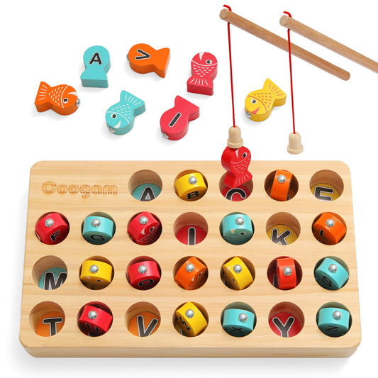 Coogam wooden magnetic fishing game poles for collaborative play and motor skill practice.