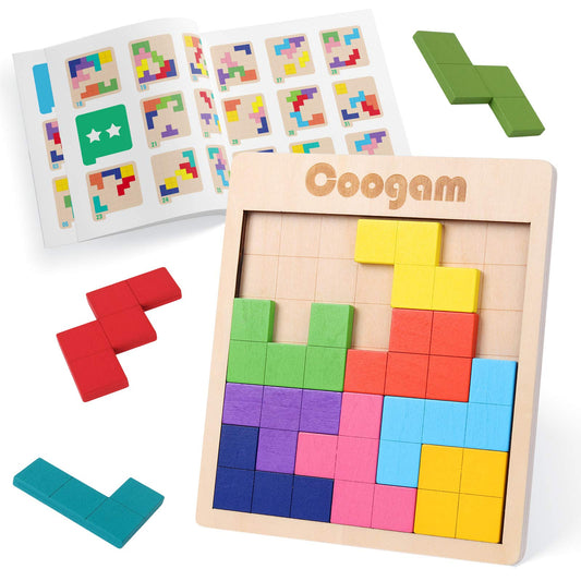 Coogam wooden puzzle pattern blocks board setup for family play and problem-solving.