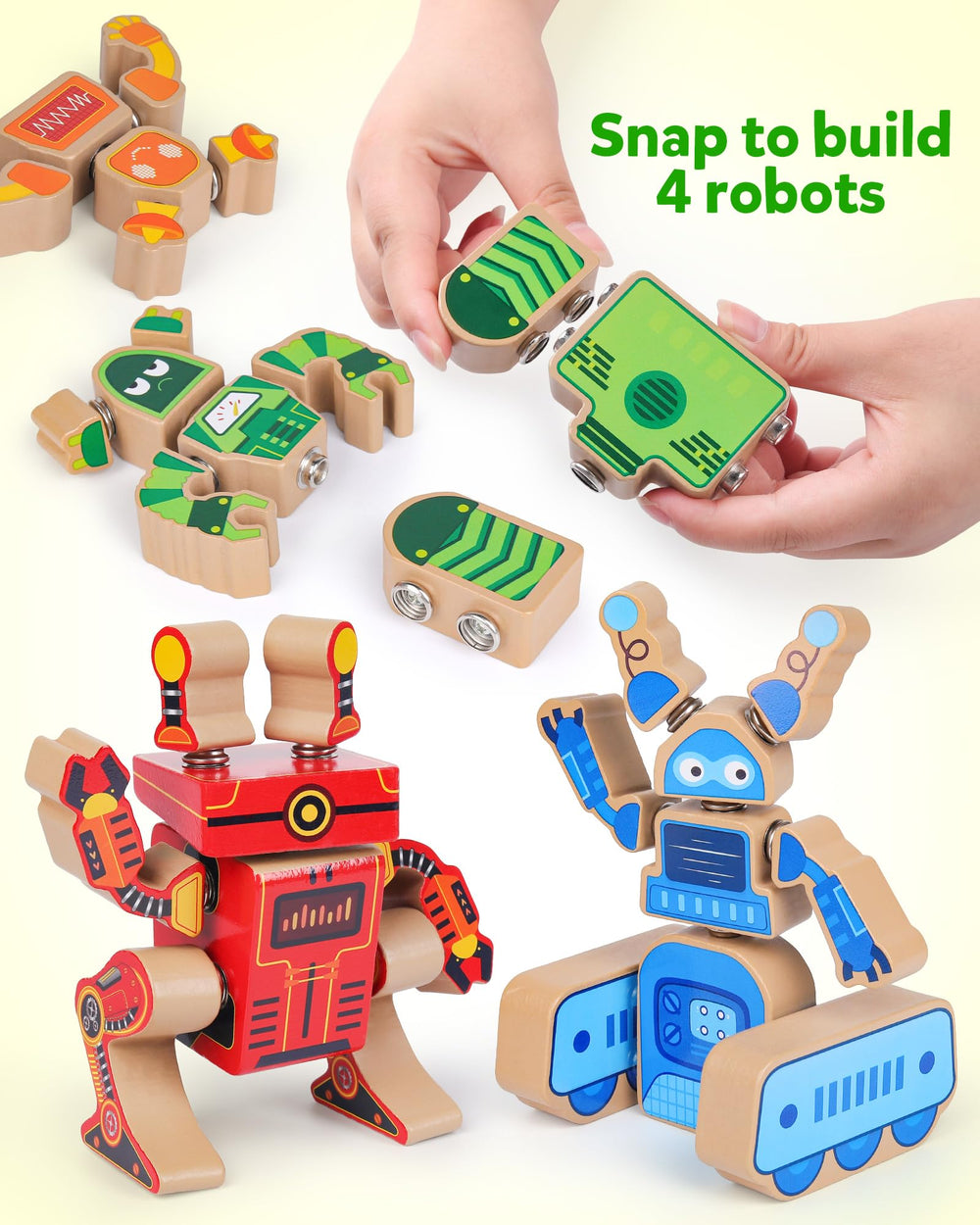 Wooden robot head pieces in bright colors for mix-and-match building