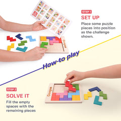 Coogam wooden tangram pieces with varied shapes for creative challenges.