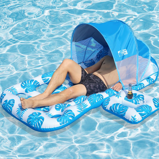 COOLCOOLDEE inflatable pool float with UPF 50+ canopy, ideal sun protection during lounging.