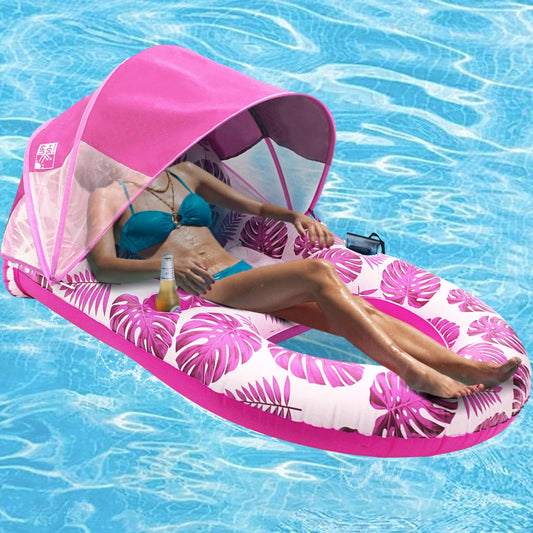 COOLCOOLDEE pool lounge float with canopy provides shade and cooling comfort.