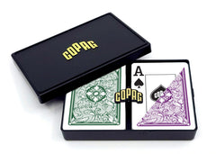 Copag Legacy double-deck green-purple back design for smooth shuffling.
