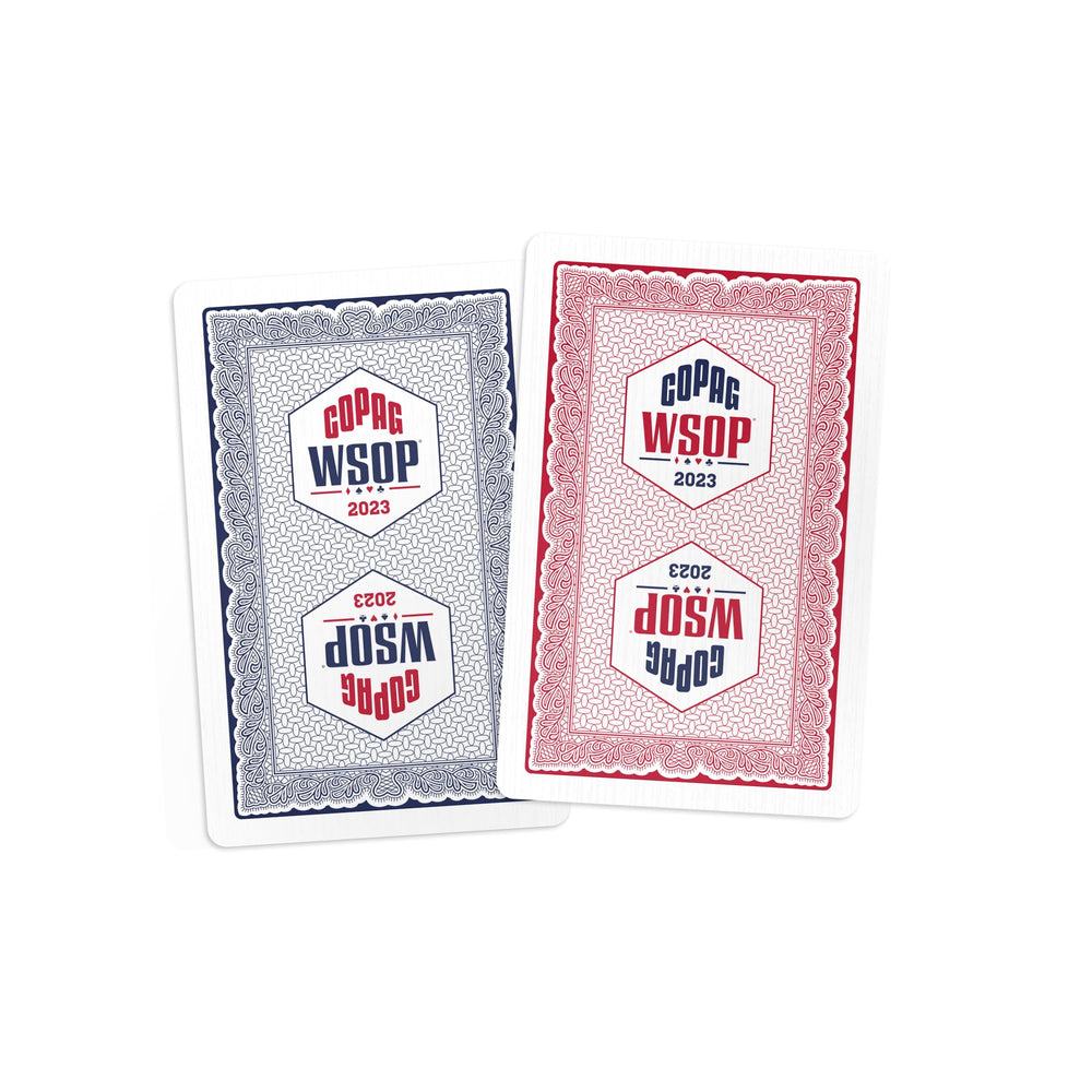 Copag WSOP 2023 red-blue decks displayed in slim case for easy storage