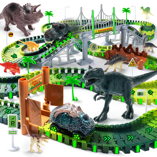 Coroiesty dinosaur race track bridge glows for evening play.